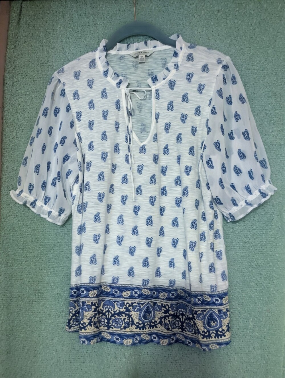 Lucky Brand White Tunic with Blue Paisley Border and Tie Neck